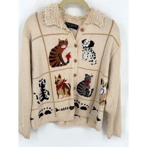 M.C. & Co Petite Small Cat & Dog Pattern Button-Up Cardigan Sweater With Texture